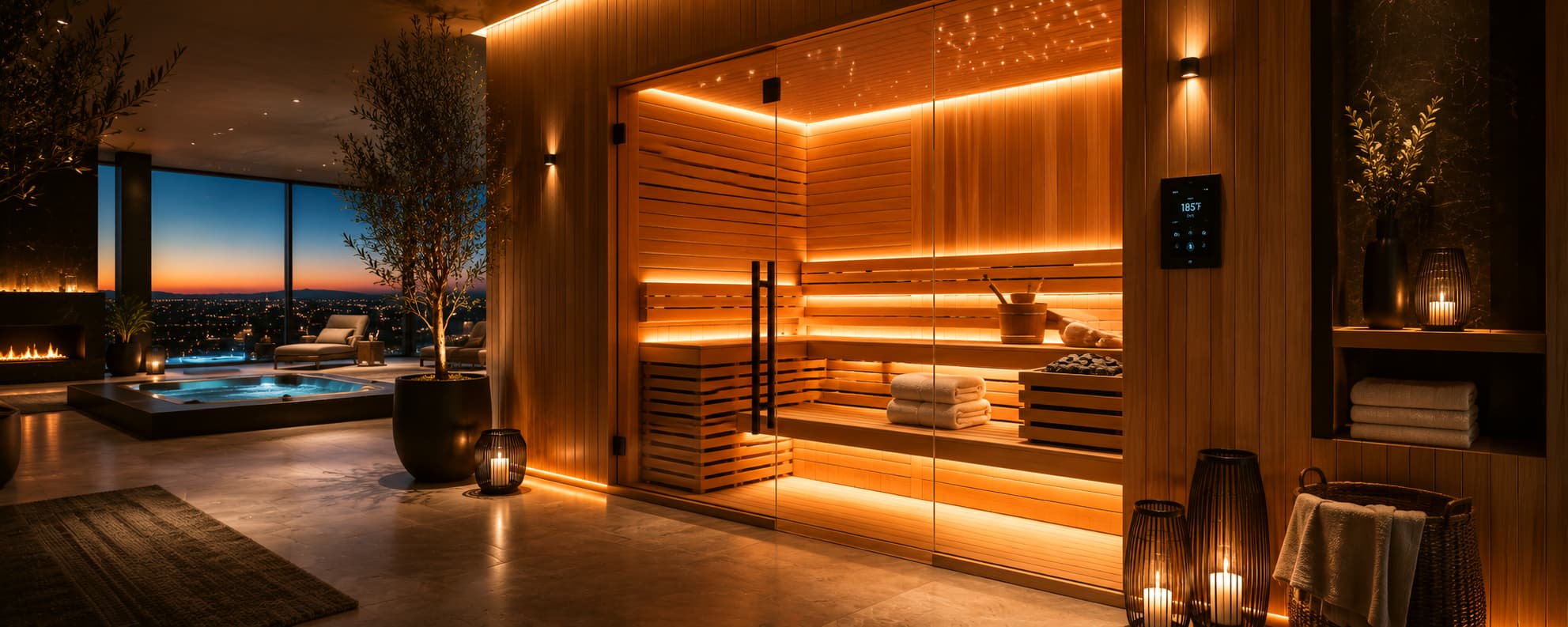 Modern home sauna interior with warm wood finish